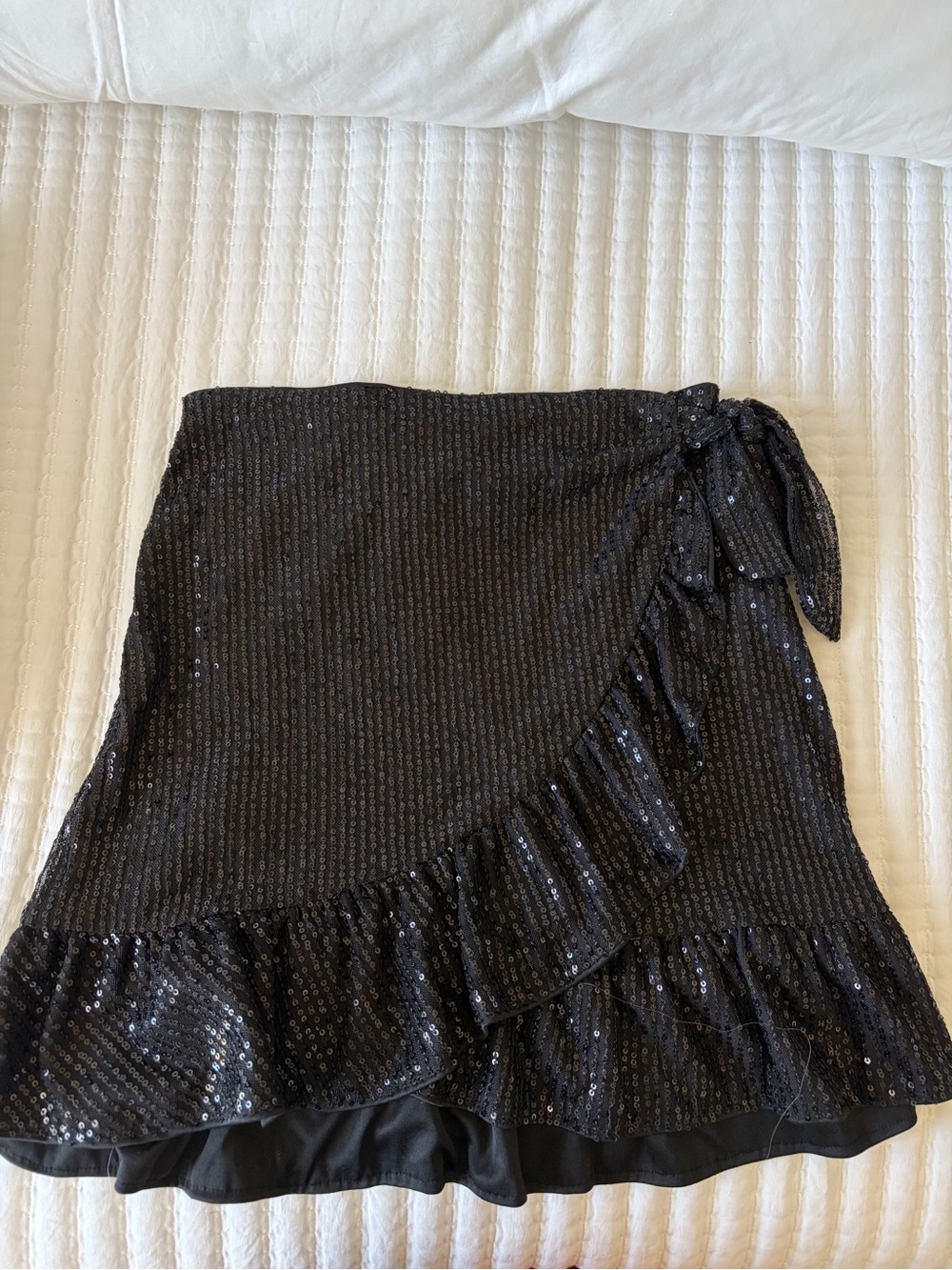 Sequin Wrap Ruffle Mini Skirt - Black
